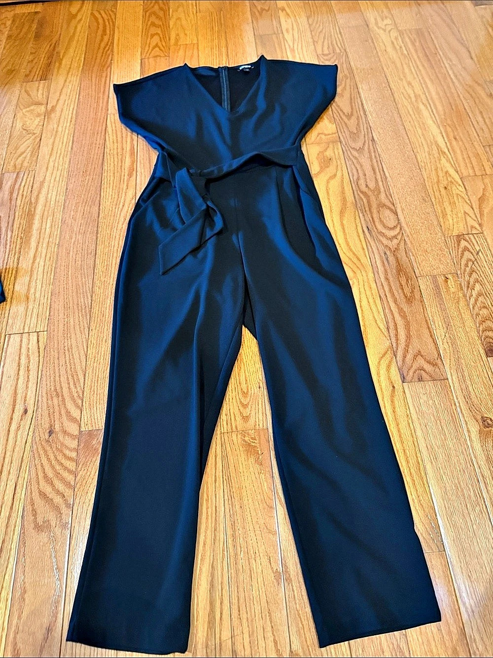 Express V-Neck Tie Waist Straight Leg Jumpsuit Black Medium
